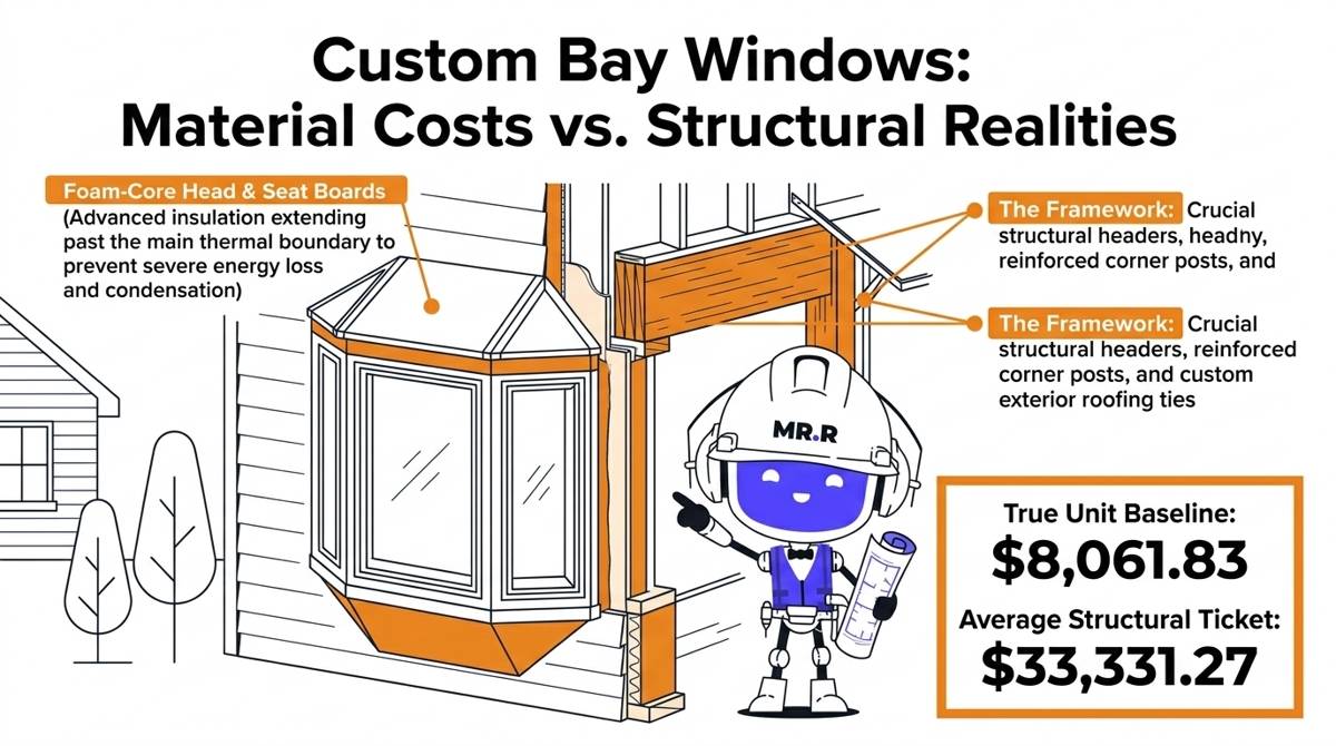 A 2026 custom window cost infographic breaking down the structural components of a fully burdened bay window installation, highlighting insulated head/seat boards and the $8,061.83 per-unit baseline.